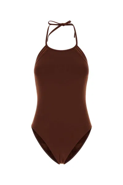 Eres Evening Numero Metallic Striped Halterneck Swimsuit In Brown