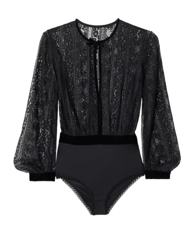 Eres Voltige Lace-panel Velvet Bodysuit In Black