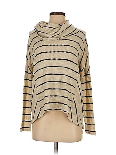 Pre-owned Eri + Ali Long Sleeve Top Tan Stripes Pattern Cowl Neck Tops In Brown