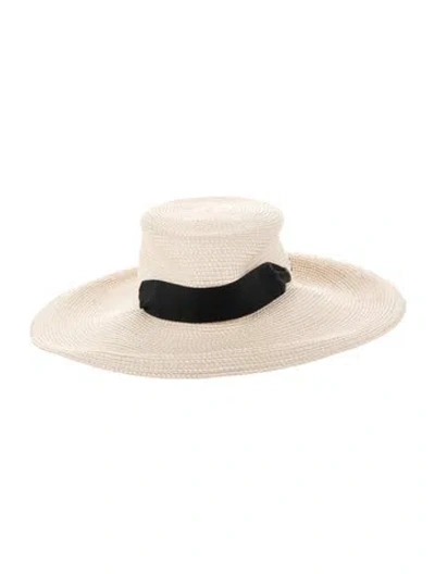 Pre-owned Eric Javits Beige Wide Brim Hat With Black Sash Tie With Tags In Neutral