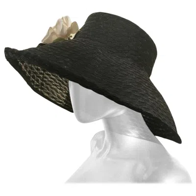 Pre-owned Eric Javits Black Woven “breakfast At Tiffany's” Glamour Hat With Rose In Red