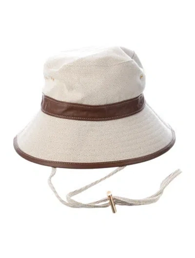 Pre-owned Eric Javits Bucket Hat With Leather Trim In Neutral