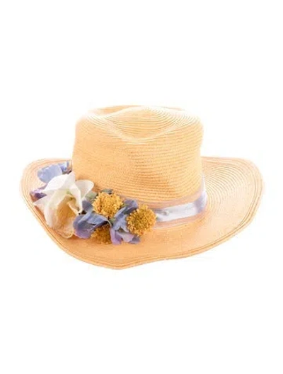 Pre-owned Eric Javits Floral Wide Brim Hat In Yellow