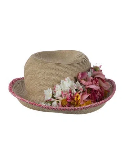 Pre-owned Eric Javits Flower Accented Straw Bucket Hat In Neutral