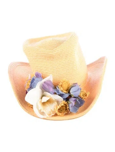 Pre-owned Eric Javits Flower Accented Straw Gambler Hat In Yellow