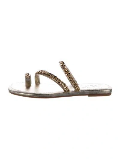 Pre-owned Eric Javits Leather Chain-link Accents Sandals In Gold