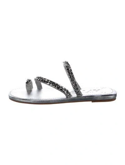 Pre-owned Eric Javits Leather Chain-link Accents Sandals In Silver