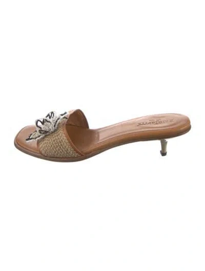 Pre-owned Eric Javits Leather Floral Print Slides In Brown