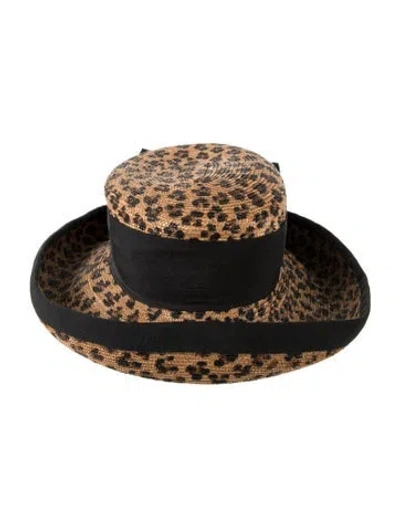Pre-owned Eric Javits Leopard Print  Straw Sun Hat In Neutrals