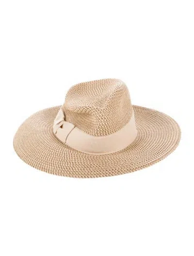 Pre-owned Eric Javits Neutral Printed Straw Panama Hat With Grosgrain Trim Around Crown And Bow Accents At Front. In Neutrals