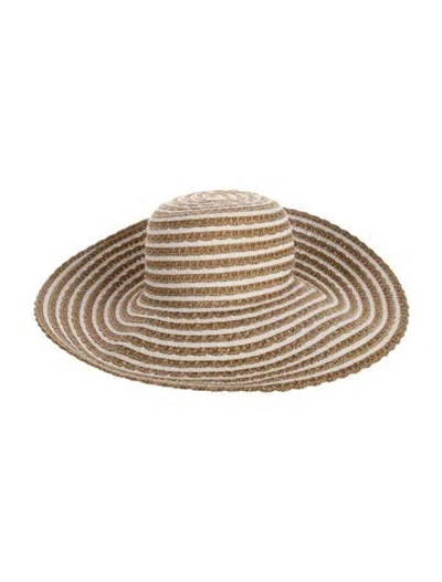 Pre-owned Eric Javits Pattern Print Straw Woven Wide Brim Sun Hat In Neutral