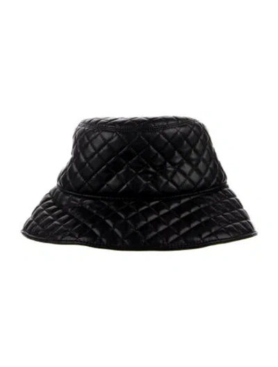 Pre-owned Eric Javits Quilted Vegan Leather Bucket Hat In Black