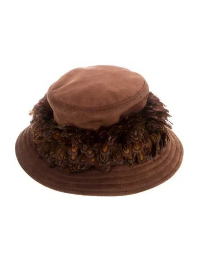 Pre-owned Eric Javits Suede Feather Top Hat In Brown