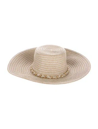 Pre-owned Eric Javits Wide Brim Beach Hat Gold-tone Chain Accent In Silver