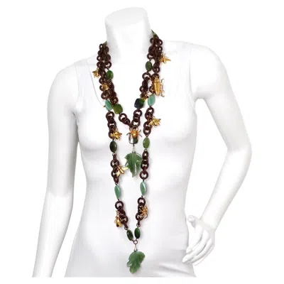 Pre-owned Erickson Beamon Costume Jade & Wood Chain Link Bug Charm Necklace In Green
