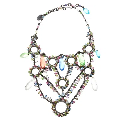 Pre-owned Erickson Beamon Swarovski Crystal Tiered Collar Bib Necklace Green, Blue, Pink