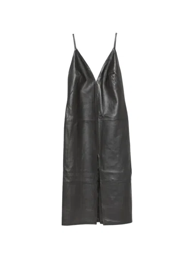 Erika Cavallini Augusta Leather V-neck Midi Dress In Black