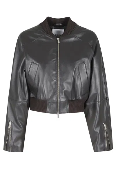 Erika Cavallini Brown Omar Ribbed-finish Zipper-cuff Leather Bomber Jacket In Grey