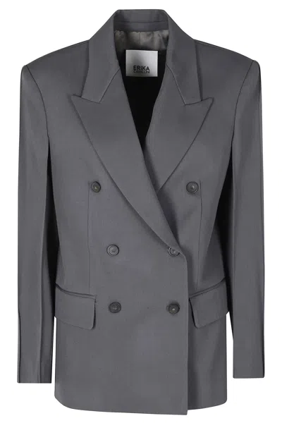 Erika Cavallini Gray Ambra Double-breasted Structured Shoulders Wool Blazer In Grey