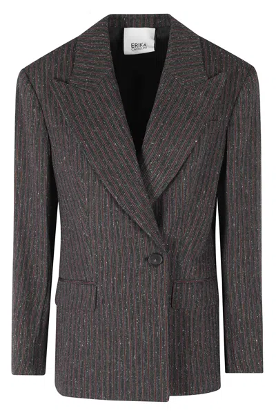 Erika Cavallini Gray Red Pinstripe Fiore Double-breasted Wool-blend Blazer In Black