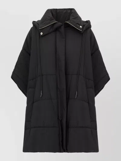 Erika Cavallini Hooded Coat Drawstring Detail Quilted Texture In Black