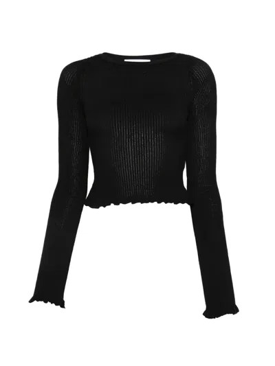 Erika Cavallini Ribbed-knit Lettuce-hem Sweater In Black