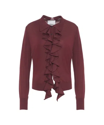 Erika Cavallini Ruffled Knit Cardigan With Chic Collar Detail In Burgundy
