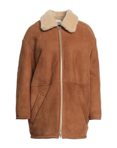 Erika Cavallini Woman Coat Camel Size L Leather In Beige