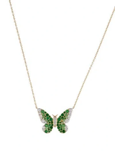 Pre-owned Eriness 14k Tsavorite & Diamond Ombré Butterfly Pendant Necklace, 18" In Multi