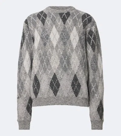 Erl Argyle Cotton And Wool-blend Sweater In Gray