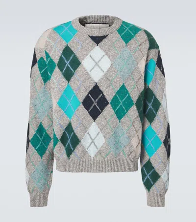 Erl Argyle Wool And Cotton-blend Sweater In Gray