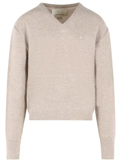 Erl Beige V-neck Embroidered Wool Sweater