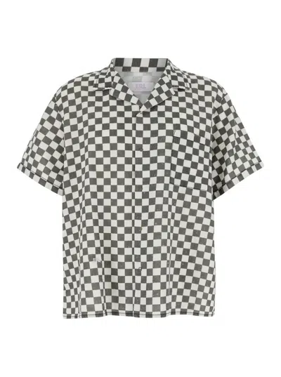 Erl Black And White Bowling Shirt With Check Motif In Cotton And Linen Man In Grey