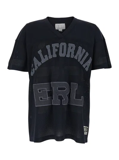Erl Black T-shirt With V Neck And Maxi Logo Print On The Front In Cotton Man