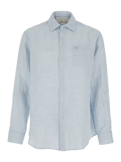 Erl Blue Long-sleeved Shirt With Check Motif In Lino Uomo