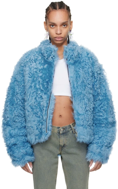 Erl Blue Stand Collar Shearling Jacket In Blue 1