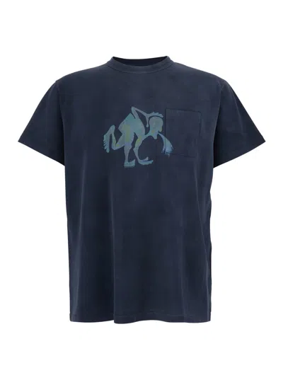 Erl Blue T-shirt With Front Print In Cotton Man