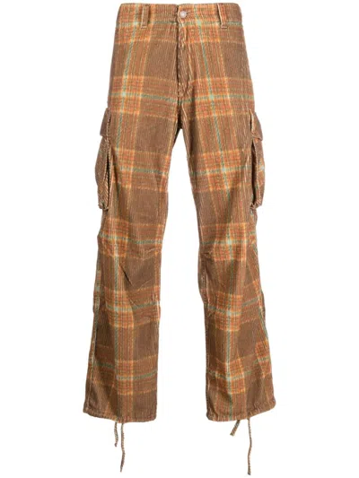 Erl Check-print Cotton Wide-leg Trousers In Orange