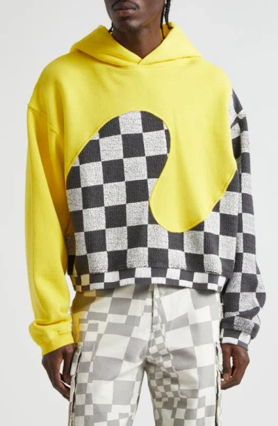 Erl Checker Swirl Cotton Hoodie In Yellow Checker