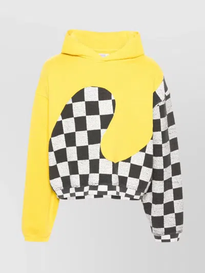 Erl Checkered Crop Hoodie Dropped Shoulders In Yellow
