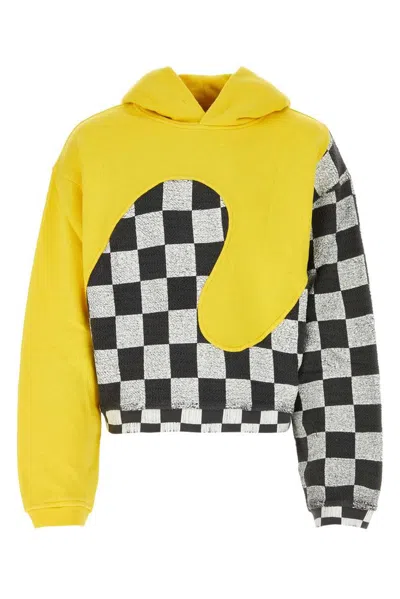 Erl Check-pattern Panelled Cotton Hoodie In Yellow