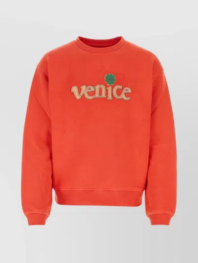 Erl Cotton Crew Neck Sweatshirt With Embroidered Detailing In Orange