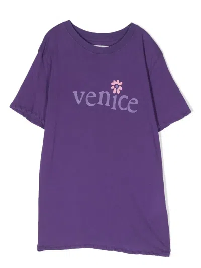 Erl Kids' Cotton Slogan-print T-shirt In Purple