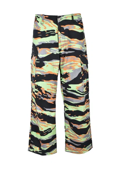 Erl Cotton Stretch Trousers - Green/orange In Multi