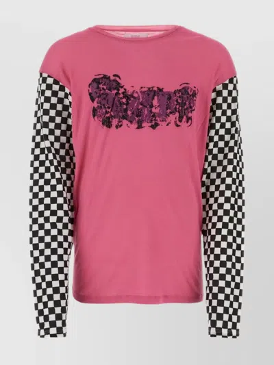 Erl Cotton T-shirt With Checkered Sleeves And Graphic Print In Pink