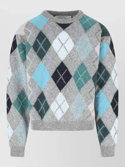 Erl Crew Neck Argyle Knit Long Sleeve Sweater In Brown