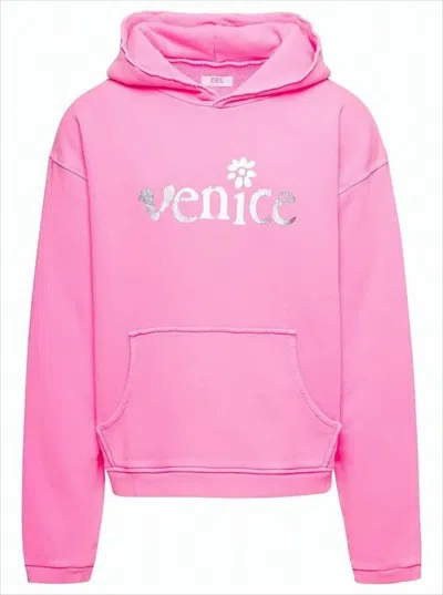 Erl Cropped Pink Hoodie With Silver Print