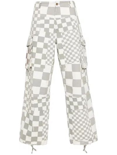 Erl Distressed Checked Straight Trousers In Grey