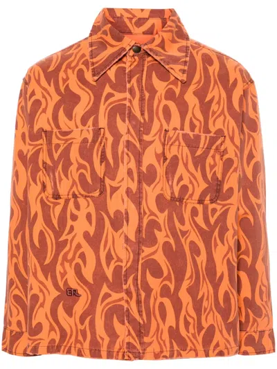 Erl Flame Print Canvas Shirt Jacket In Orange Flame