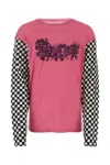 Erl Cotton T-shirt With Checkered Sleeves And Graphic Print In Fuchsia